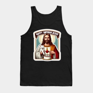 Happy Birthday Jesus with a White Cat and Birthday Cake Tank Top